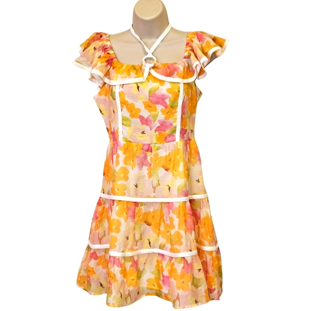 Lulus Orange/Yellow Muti-Color Floral Ruffled Tiered Halter Mini Dress,Medium